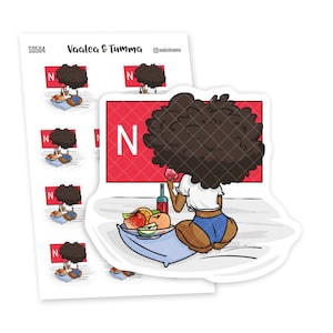 May include: A sticker sheet with five illustrations of a woman with curly hair watching TV with a glass of wine and snacks. The sticker sheet has the text "Vaalea & Tumma" and "@vaaleatumma".