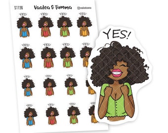 May include: A sheet of stickers featuring a cartoon illustration of a Black woman with curly hair. The woman is smiling and has her fists raised in the air. The stickers have the text "YES!" on them. The stickers are in various colors, including blue, red, green, and yellow.