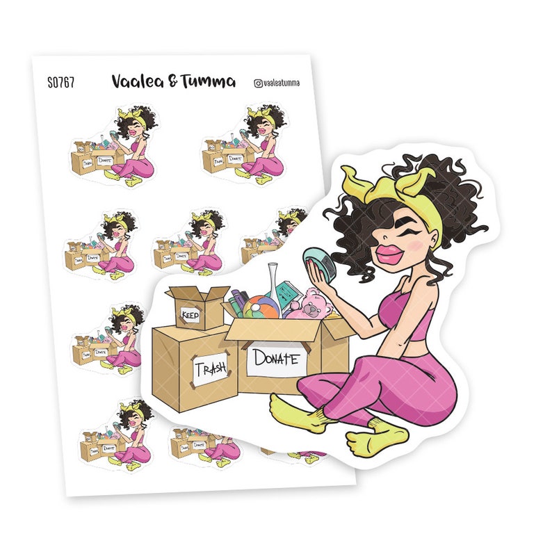May include: A sticker sheet with a cartoon illustration of a woman sorting through items in boxes labeled "Keep", "Trash", and "Donate". The woman is wearing a pink top and yellow headband. The sticker sheet also includes nine smaller stickers of the woman in different poses.