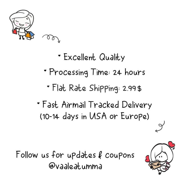 May include: Illustration of a cartoon person holding shopping bags with the text "Excellent Quality", "Processing Time: 24 hours", "Flat Rate Shipping: 2.99$", "Fast Airmail Tracked Delivery (10-14 days in USA or Europe)", and "Follow us for updates & coupons @vaaleatumma".