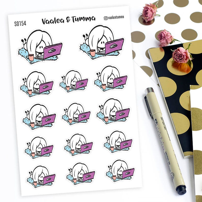 May include: A sheet of 12 stickers featuring a cartoon character with white hair, wearing a pink shirt and sitting on a blue rug with a laptop. The character is holding a cup of coffee. The stickers are labeled "Vaalea & Tumma" and "S0154".