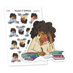 May include: A sticker sheet with a design of a Black woman with brown hair, wearing a white shirt, sitting at a desk with a stack of books and writing on a piece of paper. The sticker sheet also includes multiple smaller stickers of the woman in different poses.