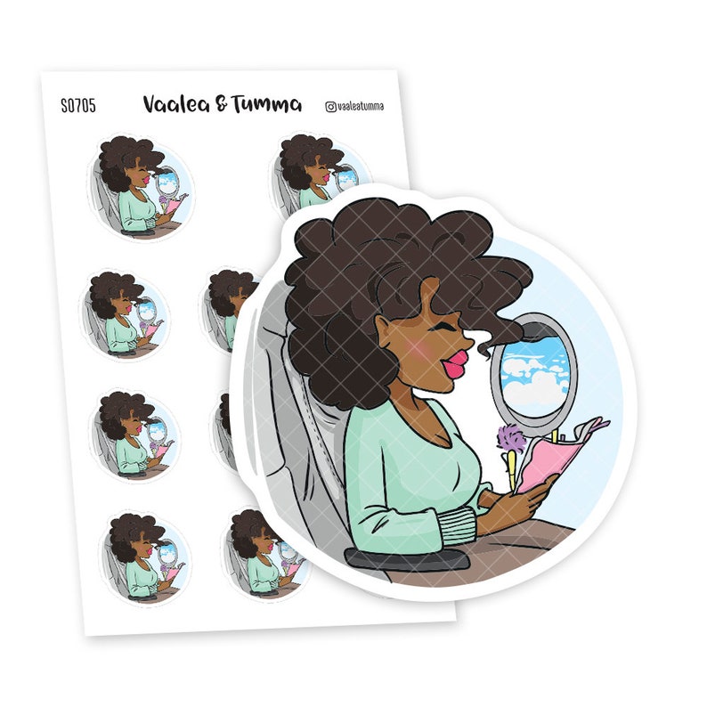 May include: A set of 8 round stickers featuring a cartoon illustration of a woman with curly black hair sitting in an airplane seat reading a book. The woman is wearing a light blue sweater and has a window view of clouds. The stickers are white with a black outline and the text "Vaalea & Tumma" and "@vaaleatumma" are printed on the sheet.