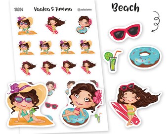 May include: A set of 12 colorful stickers featuring a cartoon girl in various summer activities, including sunbathing, surfing, and floating on a donut. The stickers also include a donut, sunglasses, and a glass of lemonade. The text "Beach" is written at the top of the sheet.