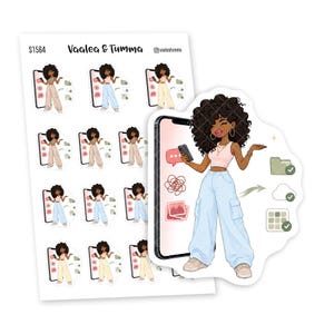 Könnte beinhalten: Ein Stickerbogen mit der Aufschrift Vaalea & Tumma mit mehreren gestanzten Aufklebern einer Zeichentrickfigur mit dunklem lockigem Haar, die ein rosa bauchfreies Oberteil und eine hellblaue Cargohose trägt und ein Smartphone mit digitalen Symbolen hält.
