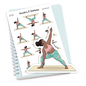 May include: A sticker sheet featuring illustrations of a person in various yoga poses. The person is wearing a pink top and patterned blue leggings. The sheet is labeled "Vaalea & Tumma" and "S1516".