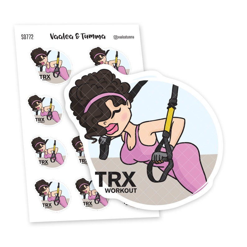 May include: A set of 6 round stickers featuring a cartoon woman doing a TRX workout. The stickers are white with a light gray background and have the text "TRX Workout" on the larger sticker. The smaller stickers have the text "TRX" on them.
