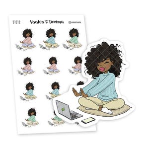 May include: A sheet of stickers featuring illustrations of a woman with dark curly hair, wearing a light blue sweater and tan pants, meditating with a laptop and phone. The stickers are labeled "Vaalea & Tumma".