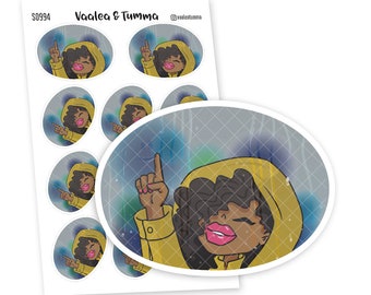 May include: A set of 6 round stickers featuring a cartoon illustration of a Black woman wearing a yellow raincoat and pointing upwards. The background is a blue and grey gradient with raindrops. The text "Vaalea & Tumma" and "@vaaleatumma" are printed on the sheet.