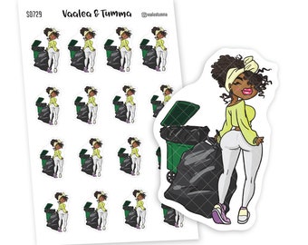 May include: A sheet of stickers featuring a cartoon woman in a yellow top and white pants holding a green trash can with a black trash bag. The sticker sheet has the text "Vaalea & Tumma" and "@vaaleatumma".