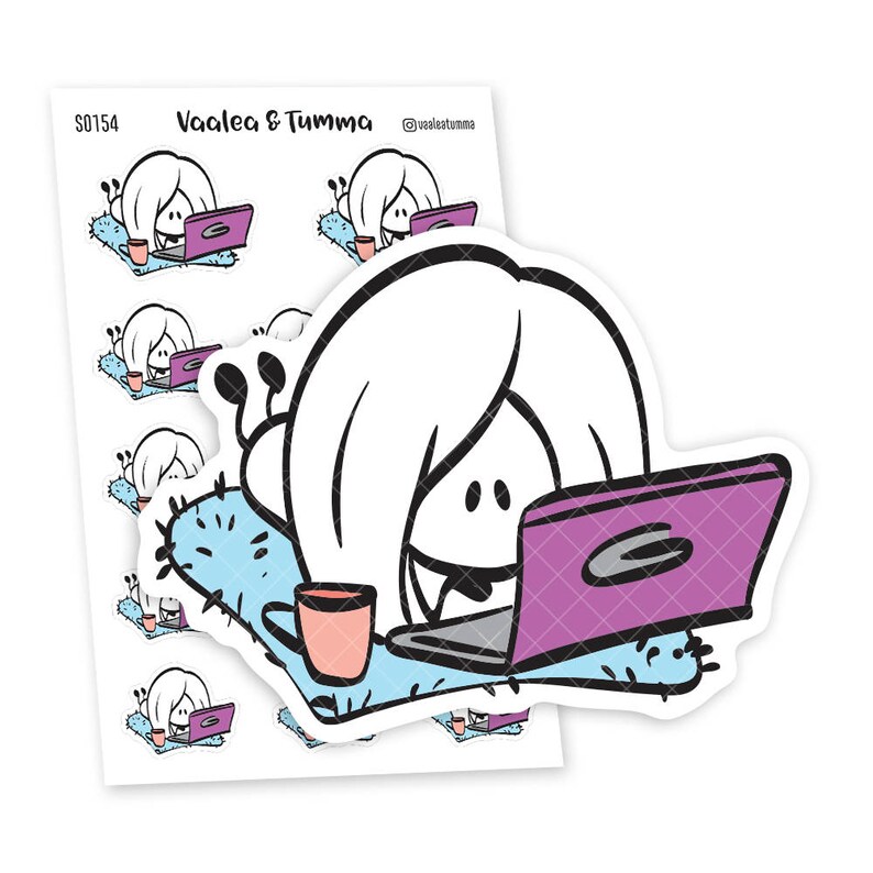 May include: A sticker sheet with multiple illustrations of a cartoon character with white hair, wearing a blue shirt and sitting on a blue cloud, using a laptop. The character is holding a cup of coffee. The sticker sheet has the text "Vacalea & Tumma" and "@vacaleatumma" printed on it.