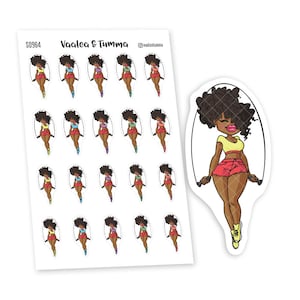 May include: A sheet of 18 colorful stickers featuring a cartoon woman jumping rope. The woman has brown skin, black hair, and is wearing a yellow top, red shorts, and white sneakers. The text "Vaalea & Tumma" is at the top of the sheet.