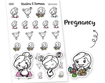 Op de afbeelding: Een set van 20 zwart-witte, printbare stickers met een zwangere vrouw in verschillende poses. De stickers zijn ontworpen voor gebruik in een planner of dagboek. De tekst "Zwangerschap" is in de afbeelding opgenomen.