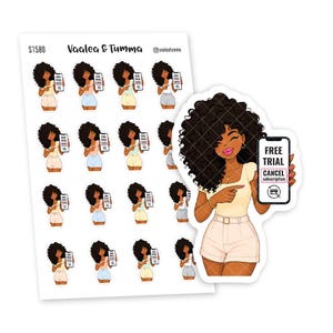 May include: A sticker sheet featuring multiple illustrations of a person with dark curly hair wearing a light-colored top and shorts, holding a smartphone displaying the text FREE TRIAL CANCEL subscription with a credit card icon.