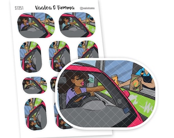May include: A set of 9 stickers featuring a cartoon illustration of a woman driving a pink car through a drive-thru window. The woman is wearing a purple shirt and has dark hair. The stickers are oval-shaped and have a white background. The text "Vaalea & Tumma" is printed on the sheet of stickers.