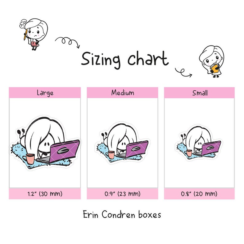 May include: Sizing chart for Erin Condren boxes in three sizes: large, medium, and small. The large box is 1.2 inches (30 mm), the medium box is 0.9 inches (23 mm), and the small box is 0.8 inches (20 mm). Each box features a cartoon illustration of a person working on a laptop.