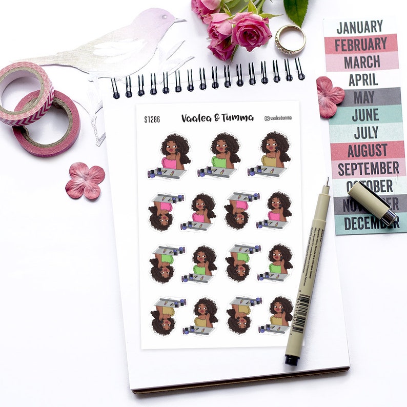 May include: A sheet of 12 stickers featuring a cartoon illustration of a woman with brown skin and curly hair applying makeup. The woman is wearing a green, pink, or yellow top. The stickers are on a white background.