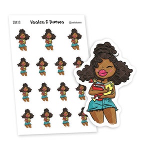 May include: A sheet of stickers featuring a cartoon illustration of a Black woman with curly hair holding books. The sticker sheet includes 16 individual stickers of the woman in different poses. The text "Vaalea & Tumma" and "@vaaleatumma" are printed at the top of the sheet.