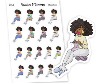 May include: A sheet of stickers featuring a woman knitting. The stickers are in various colors and feature different poses of the woman. The sheet also includes the text "Vaalea & Tumma" and "@vaaleatumma".
