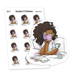 May include: A sticker sheet with nine illustrations of a woman with brown curly hair reading a book in bed. The main sticker shows the woman in more detail, with a purple book, a cup of coffee, and a planner on the bed. The sticker sheet is labeled "Vaalea & Tumma" and has the social media handle "@vaaleatumma".