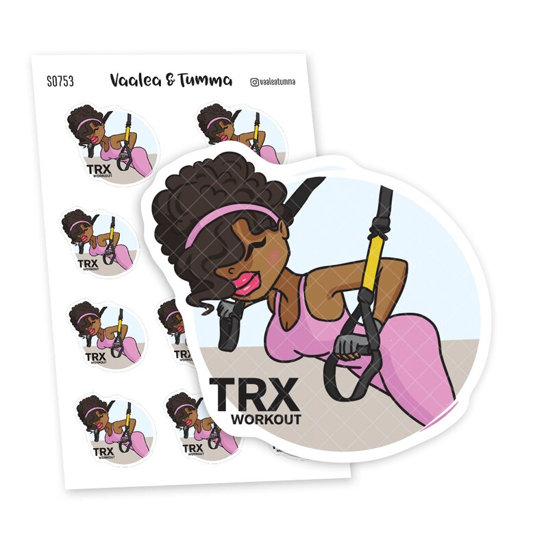 May include: A set of 6 round stickers featuring a cartoon illustration of a woman doing a TRX workout. The woman is wearing a pink tank top and black leggings. The stickers are white with a gray background and the text "TRX Workout" in black.