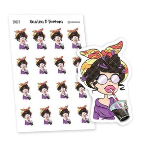 May include: A sheet of 16 stickers featuring a cartoon woman with brown hair, wearing purple clothing, glasses, and a yellow and orange headband. She is holding a cup with a straw and drinking. The stickers are on a white background. The text "Vaalea & Tumma" and "@vaaleatumma" are at the top of the sheet.