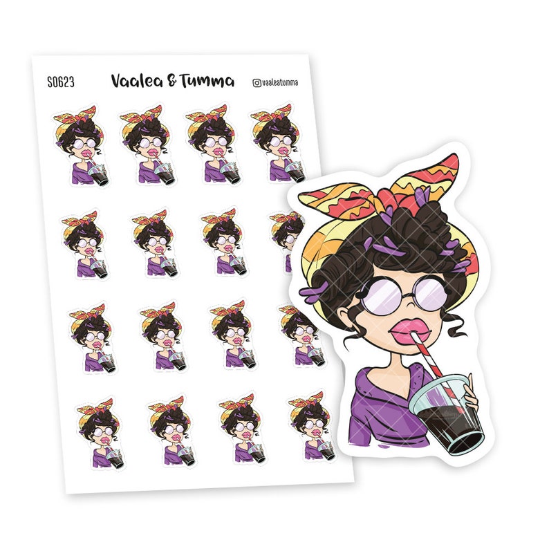 May include: A sheet of 16 stickers featuring a cartoon woman with brown hair, wearing purple clothing, glasses, and a yellow and orange headband. She is holding a cup with a straw and drinking. The stickers are on a white background. The text "Vaalea & Tumma" and "@vaaleatumma" are at the top of the sheet.