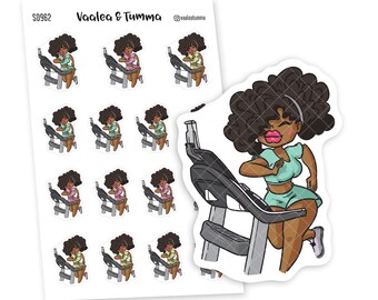 May include: A sheet of 12 stickers featuring a cartoon woman with dark curly hair running on a treadmill. The woman is wearing a light blue tank top, a pink sports bra, and black shorts. The stickers are white with black outlines. The text "Vaalea & Tumma" is at the top of the sheet. The text "S0962" is in the top left corner. The text "@vaaleatumma" is in the top right corner.