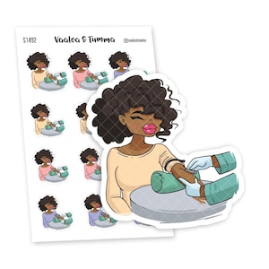 May include: A sticker sheet and a die-cut sticker featuring illustrations of a person receiving a blood draw. The stickers show a person with dark curly hair and pink lips. The text "Vaalea & Tumma" is visible on the sticker sheet.