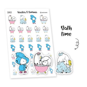 May include: A sheet of stickers featuring illustrations of a cartoon character taking a bath. The stickers are designed in a light blue, pink, and yellow color scheme. The text "Bath time" is written in black at the top of the sheet. The text "Vaalea & Tumma" is written in black at the top of the sheet. The text "S0453" is written in black at the top of the sheet.