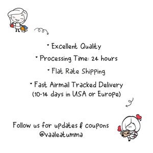 May include: Illustration of a person holding shopping bags with the text "Excellent Quality", "Processing Time: 24 hours", "Flat Rate Shipping", "Fast Airmail Tracked Delivery (10-14 days in USA or Europe)", and "Follow us for updates & coupons @vaaleatumma".