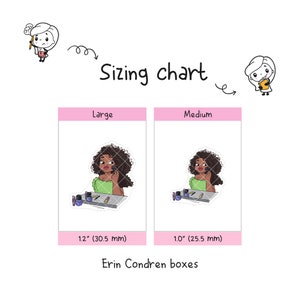 May include: Sizing chart for Erin Condren planner stickers. The chart shows two sizes of stickers: large, which is 1.2 inches (30.5 mm), and medium, which is 1.0 inches (25.5 mm). Each sticker features a cartoon illustration of a woman applying makeup.