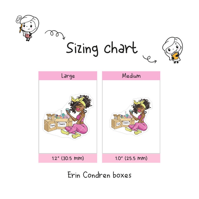 May include: Sizing chart for Erin Condren boxes, showing a large box measuring 12 inches (30.5 cm) and a medium box measuring 10 inches (25.5 cm). The boxes are illustrated with a cartoon of a woman packing boxes.
