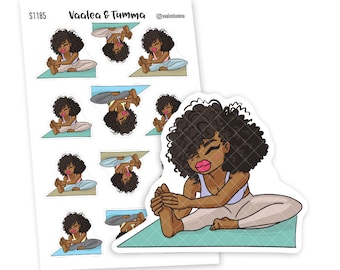 May include: A sheet of stickers featuring a woman with brown skin and curly black hair doing a yoga pose. The woman is wearing a white tank top and white pants. The stickers are on a white background with a light blue and green mat. The text "Vaalea & Tumma" is at the top of the sheet.
