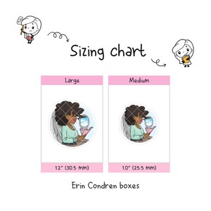 May include: Sizing chart for Erin Condren boxes. The chart shows two sizes: Large, 1.2 inches (30.5 mm) and Medium, 1.0 inches (25.5 mm). Each size features a cartoon illustration of a woman reading a book.