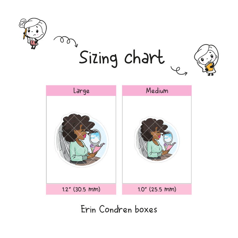 May include: Sizing chart for Erin Condren boxes. The chart shows two sizes: Large, 1.2 inches (30.5 mm) and Medium, 1.0 inches (25.5 mm). Each size features a cartoon illustration of a woman reading a book.