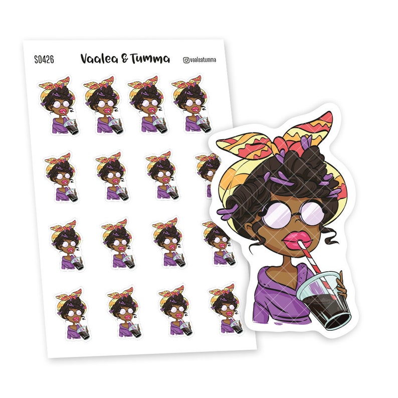 May include: A sheet of stickers featuring a cartoon illustration of a woman with brown skin, wearing glasses, a purple shirt, and a yellow and orange headscarf. She is drinking from a cup with a straw. The text "Vaalea & Tumma" and "@vaaleatumma" are printed on the sheet.