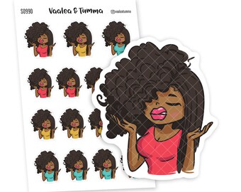 Puede incluir: Una hoja de pegatinas con una mujer de dibujos animados con piel oscura, cabello rizado y una parte superior roja. Las pegatinas son de varios colores, incluyendo rojo, amarillo y azul. El texto "Vaalea & Tumma" y "@vaaleatumma" son visibles.