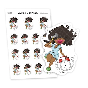 May include: A sheet of 12 stickers featuring a cartoon illustration of a woman in pajamas smashing an alarm clock with a hammer. The text "Vaalea & Tumma" is printed at the top of the sheet.