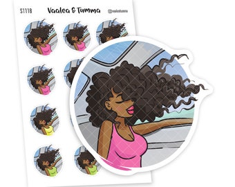 May include: A set of 8 round stickers featuring a cartoon illustration of a Black woman with curly hair driving a car with the wind blowing through her hair. The stickers are white with a black outline and the woman is wearing a pink tank top. The text "Vaalea & Tumma" is printed on the sheet of stickers.