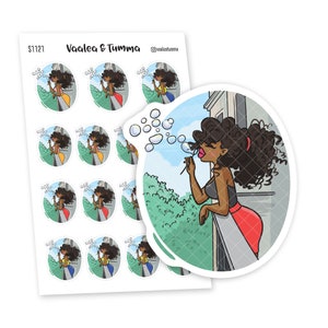 May include: A set of 12 round stickers featuring a cartoon illustration of a Black woman blowing bubbles on a balcony. The woman has long, curly hair and is wearing a red skirt and a black tank top. The stickers are perfect for adding a touch of personality to your planner, laptop, or water bottle.
