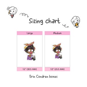 May include: Sizing chart for Erin Condren boxes. The chart shows two sizes: Large, 1.2 inches (30.5 mm) and Medium, 1.0 inches (25.5 mm). Each size features a cartoon illustration of a woman with a colorful headscarf and a drink.