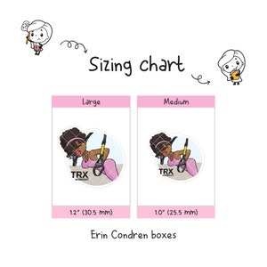 May include: Sizing chart for two different sizes of a sticker featuring a cartoon woman doing a TRX workout. The large sticker is 1.2 inches (30.5 mm) and the medium sticker is 1.0 inches (25.5 mm).