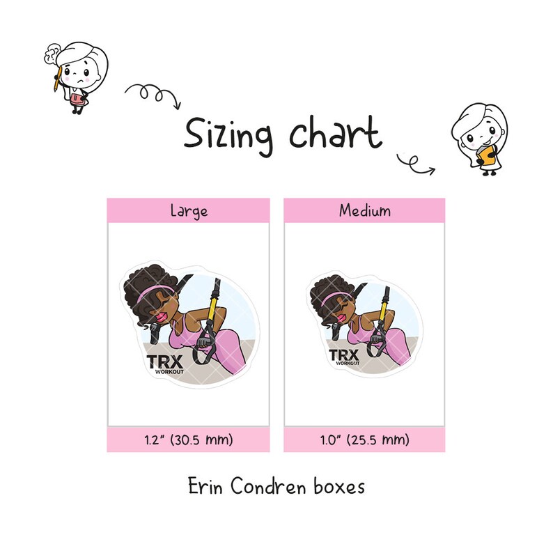 May include: Sizing chart for two different sizes of a sticker featuring a cartoon woman doing a TRX workout. The large sticker is 1.2 inches (30.5 mm) and the medium sticker is 1.0 inches (25.5 mm).