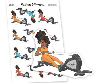 May include: A set of 10 stickers featuring a cartoon illustration of a Black woman rowing on a rowing machine. The stickers are white with a black outline and are printed with the text "Vaalea & Tumma" and a social media handle.