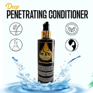 May include: A black bottle of M&G Deep Penetrating Conditioner with gold lettering and a gold cap. The bottle is surrounded by blue water and bubbles. The label says "Protein & Moisture Balance".