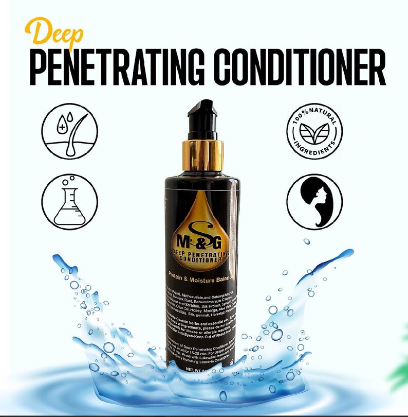 May include: A black bottle of M&G Deep Penetrating Conditioner with gold lettering and a gold cap. The bottle is surrounded by blue water and bubbles. The label says "Protein & Moisture Balance".