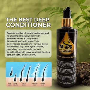 May include: A black bottle of Sheena's Mane & Glory Deep Penetrating Conditioner with a gold label and the text "M&G Deep Penetrating Conditioner" and "Protein & Moisture Balance". The bottle is on a green background with a fern.