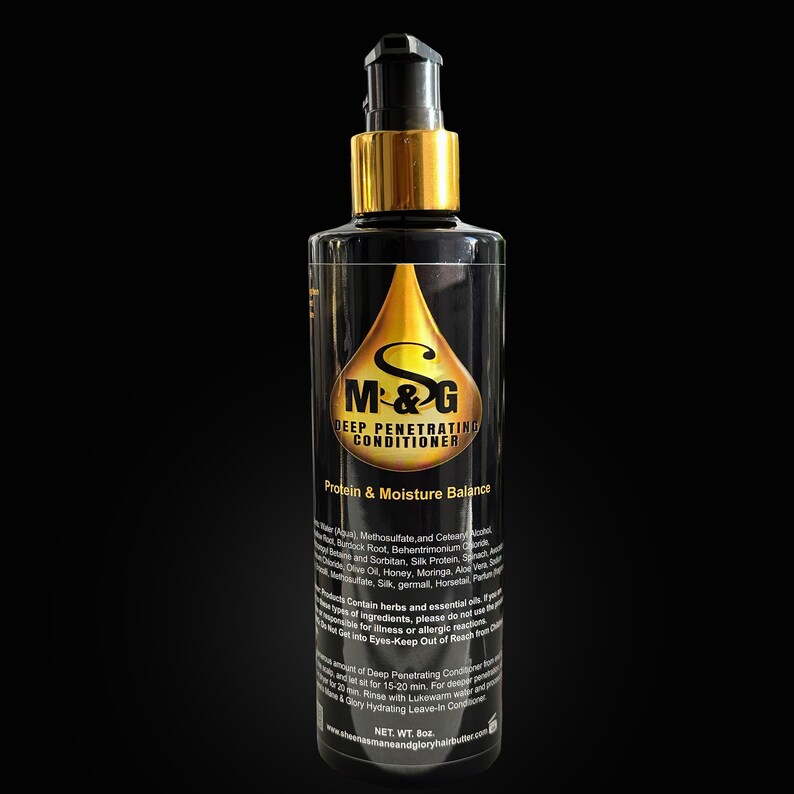 May include: A black bottle with a gold cap and label. The label reads "M&G Deep Penetrating Conditioner Protein & Moisture Balance".