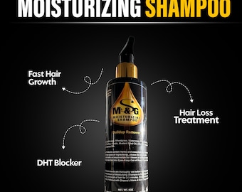 May include: A black bottle of M&G Moisturizing Shampoo with gold lettering and a gold cap. The bottle is labeled "Buildup Remover" and lists benefits including fast hair growth, DHT blocker, and hair loss treatment.